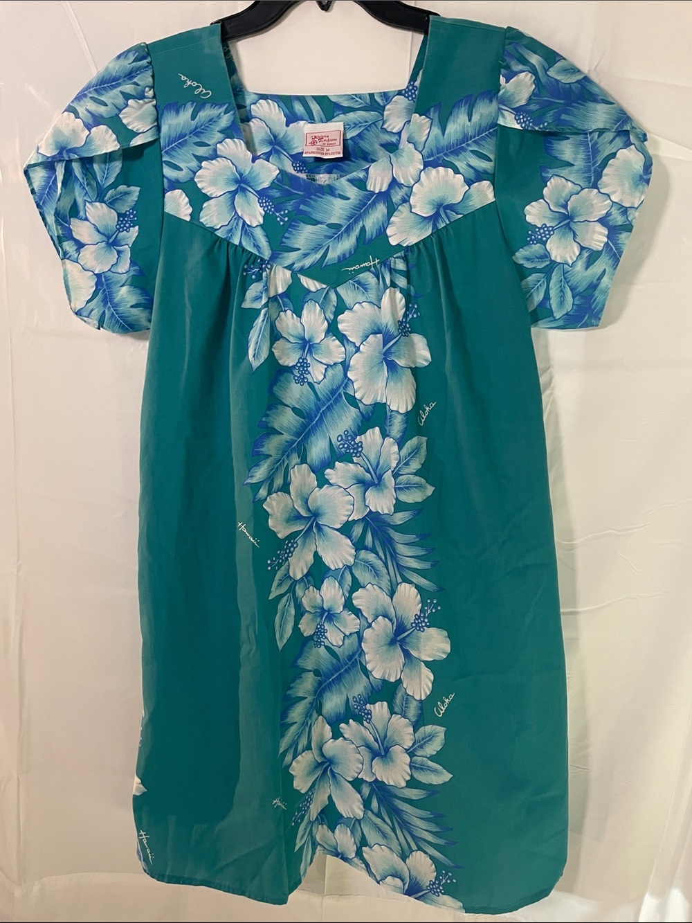Vintage Kalena Fashions Hawaii Floral Muumuu Dress Teal Blue M